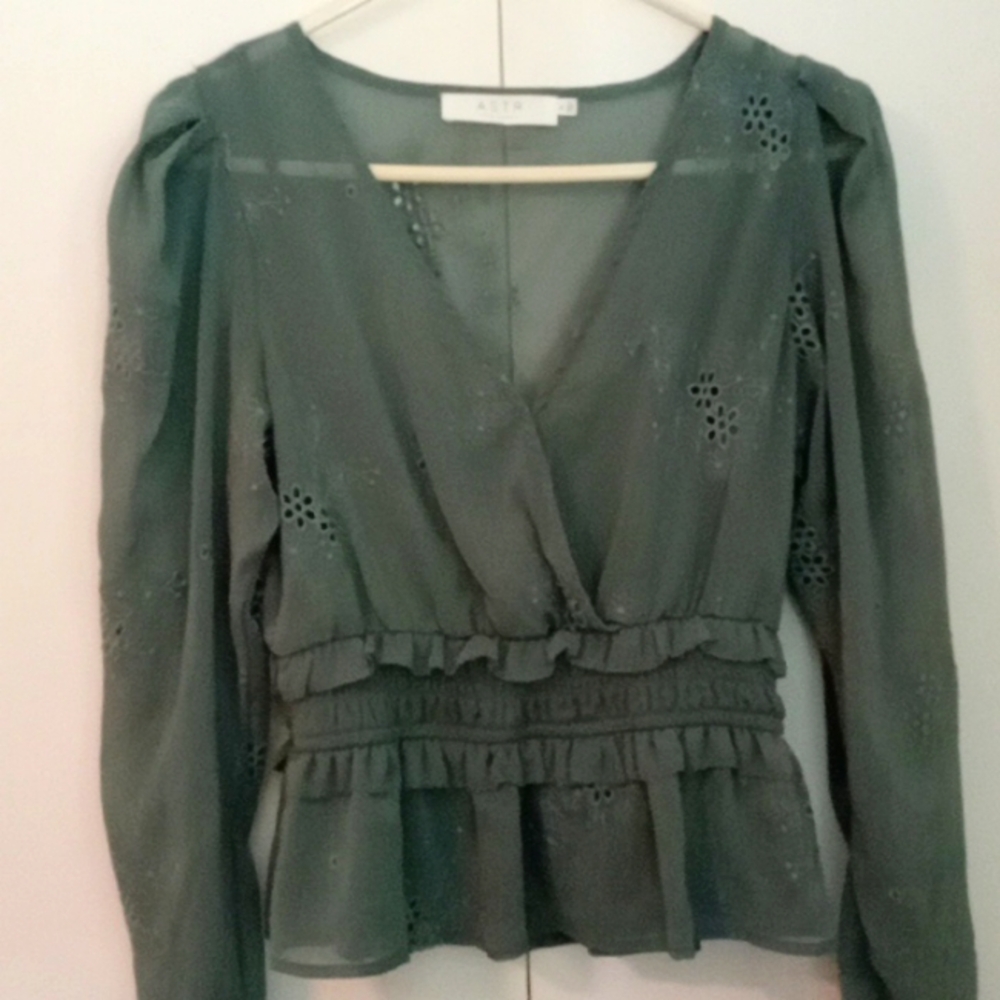 Teal blue womens blouse with attached undershirt, flower detailing airy summer